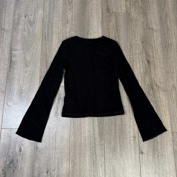 Madewell Flared-Sleeve Cardigan S Jet Black Button Up Crewneck Variegated Cotton - Picture 5 of 7